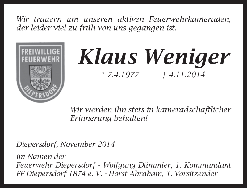  Traueranzeige für Klaus Weniger vom 10.11.2014 aus Pegnitz-Zeitung